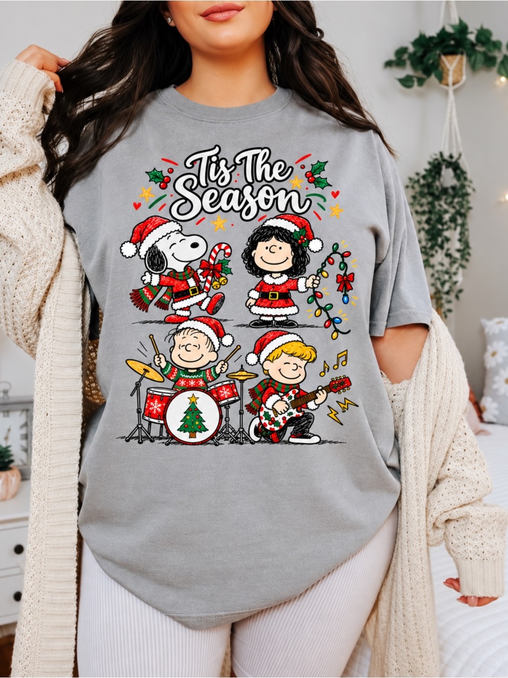 Snoopy And Friends Tis The Season Comfort Colors 1717 T-Shirt Grey NWT